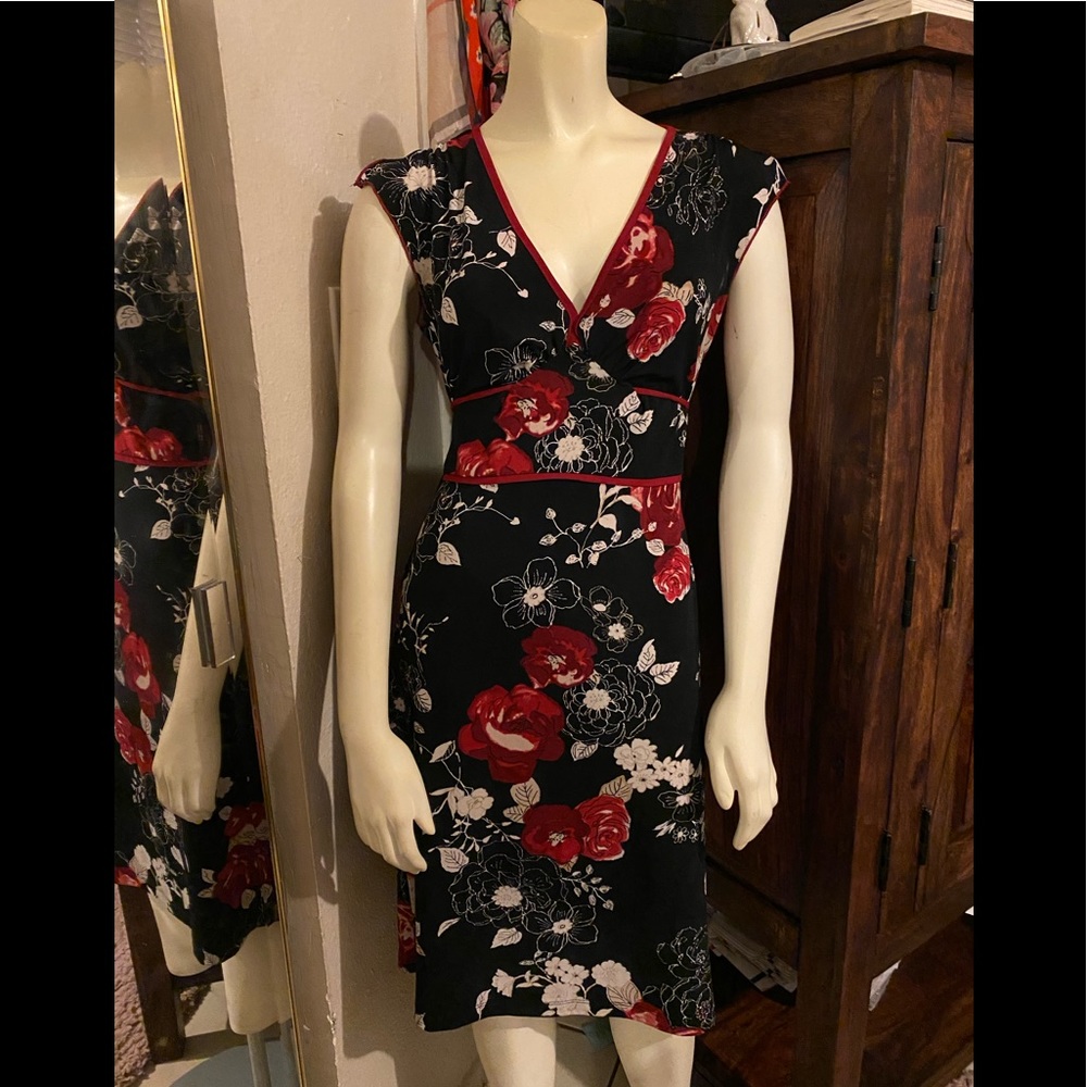 Red and black floral dress